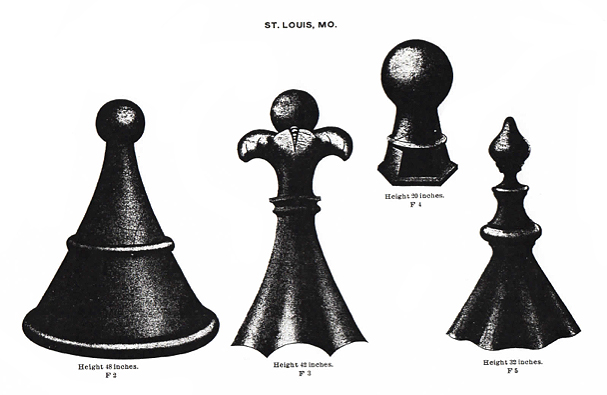 This is an illustration of four varying finials from Mound City Roofing Tile Company. From left to right, the first has a height of 48 inches, the second has a height of 42 inches, the third has a height of 20 inches and the fourth has a height of 32 inches.