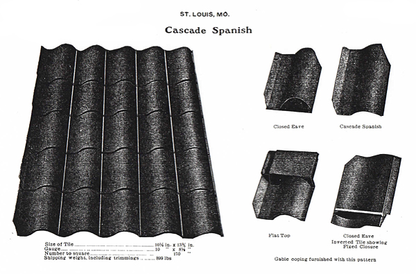 This illustration shows Mound City Roofing Cascade Spanish Tile. The right side of the illustration shows Cascade Spanish Tile, Closed Eave, Flat Top, and Closed Eave (Inverted tile showing fixed closure). The left side of the illustration shows a section of Cascade Spanish Tile and the specifications of the tile, such as Size of Tile, Gauge, Number to Square, and Shipping Weight, including trimmings.