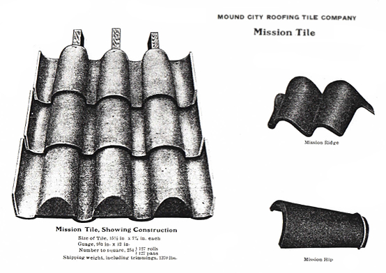 This illustration shows Mound City Roofing Mission Tile. The right side of the illustration shows Mission Ridge Tile and Mission Hip Tile. The left side of the illustration shows a section of Mission Tile and the specifications of the tile, such as Size of Tile, Gauge, Number to Square, and Shipping Weight, including trimmings.